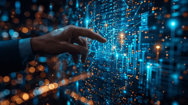 A businessman’s hand reaches toward glowing digital financial graphs amid streaming data lights in a cityscape.