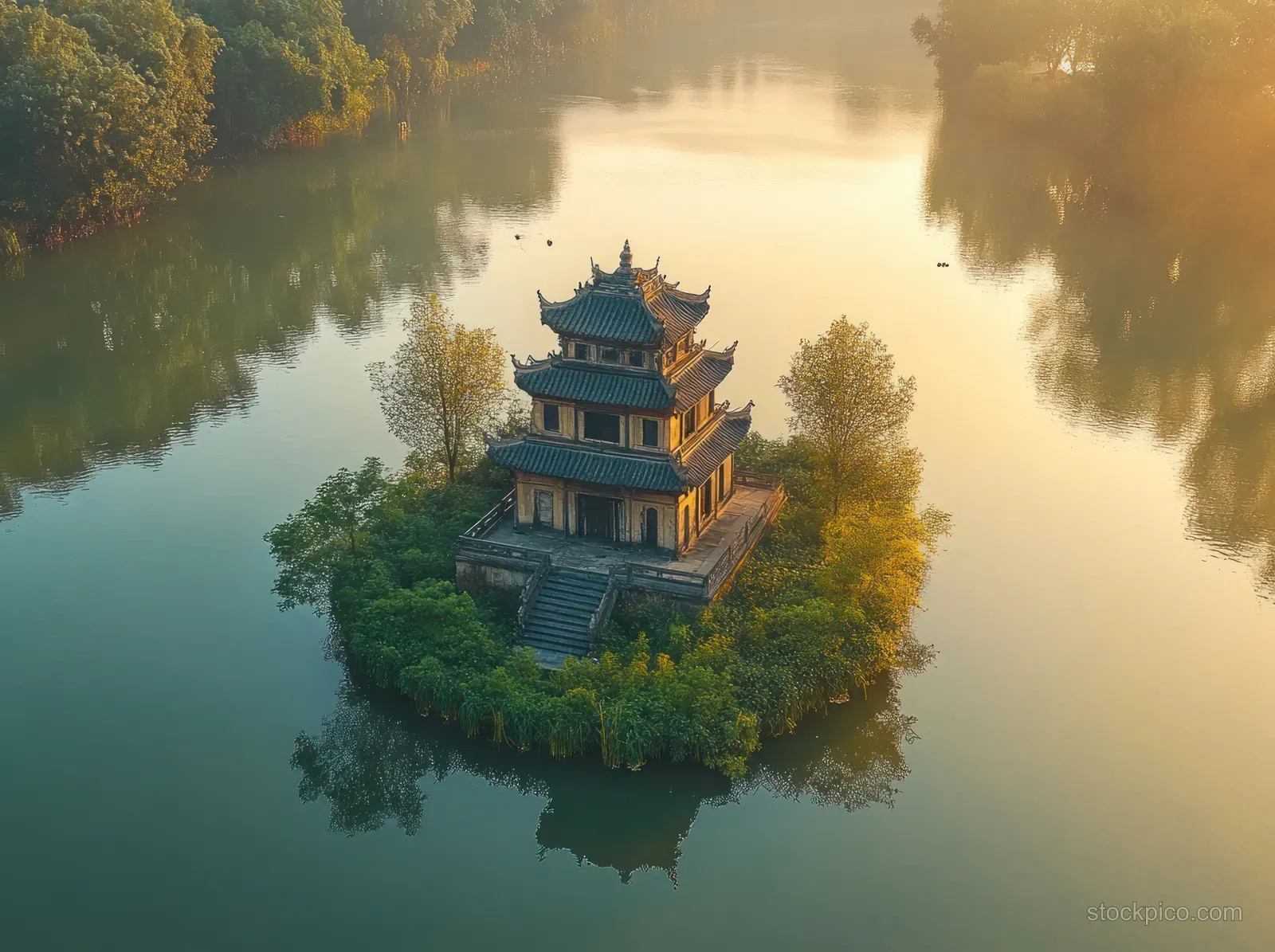 An ancient multi-tiered pagoda sits on a tree-lined river island with golden hour reflections on still water.