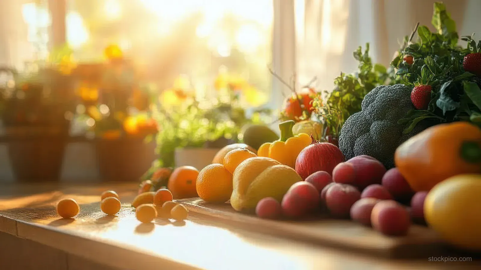 Sunlight shines on a kitchen counter piled with fresh fruits and vegetables for keto-style meal preparation.
