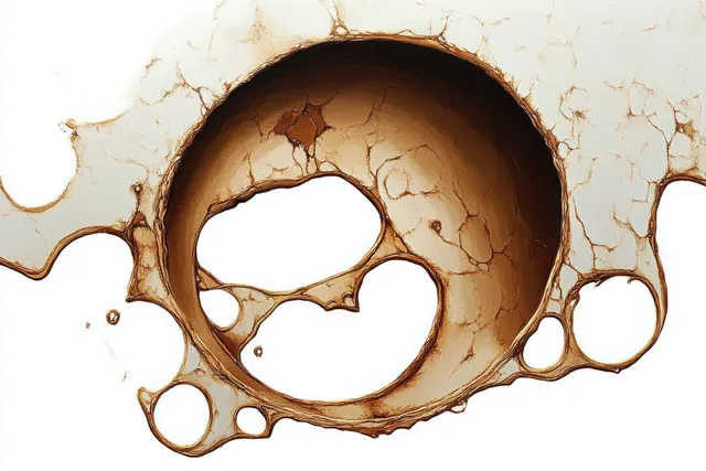 Cracked dried mud forms circular irregular rings with a hollow center on a white background.
