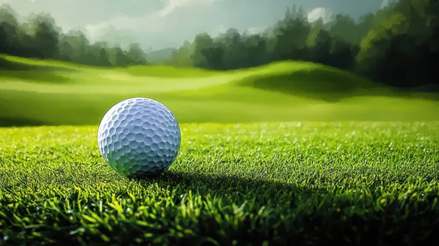 Golf ball resting on sunlit green grass with rolling fairway hills behind