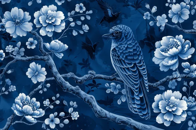 Pássaro azul e branco empoleirado em um galho cercado por flores de peônia sobre um fundo de papel de parede vintage.