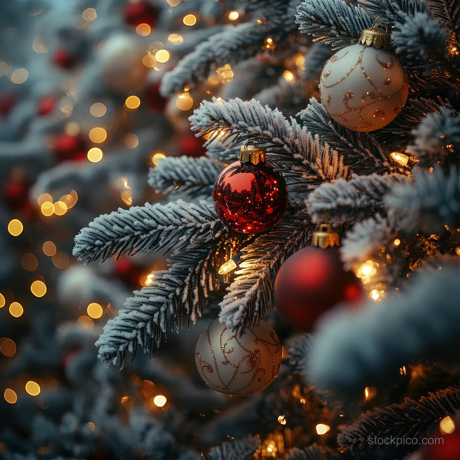 Frosted Christmas tree branch with glowing lights and red and gold ornaments against a snowy bokeh background.