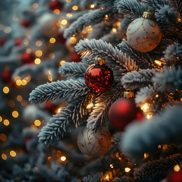 Christmas tree branch close-up with glowing ornaments, frosted needles, and twinkling lights