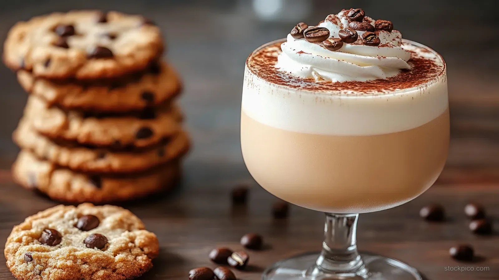 Creamy coffee drink with whipped cream and coffee beans sits beside stacked chocolate chip cookies on a wooden surface.