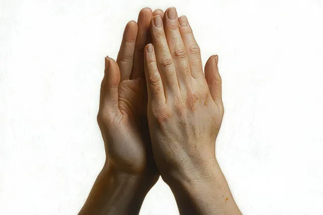 Two hands clasped in prayer gesture against a plain white background with visible skin texture and soft shadows.