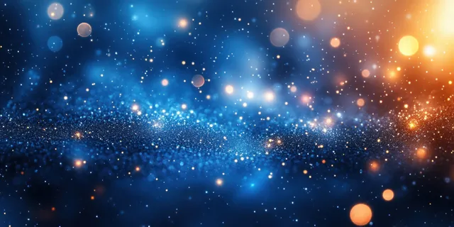 Blue bokeh lights drift across starry night background with shimmering reflection glow