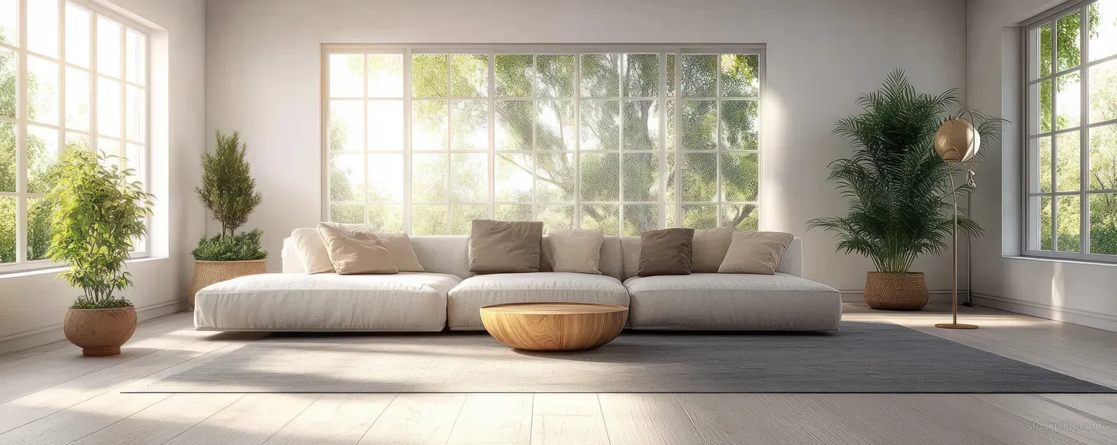 Sunlit modern living room with a beige sofa, round wooden coffee table, indoor plants, and large windows.