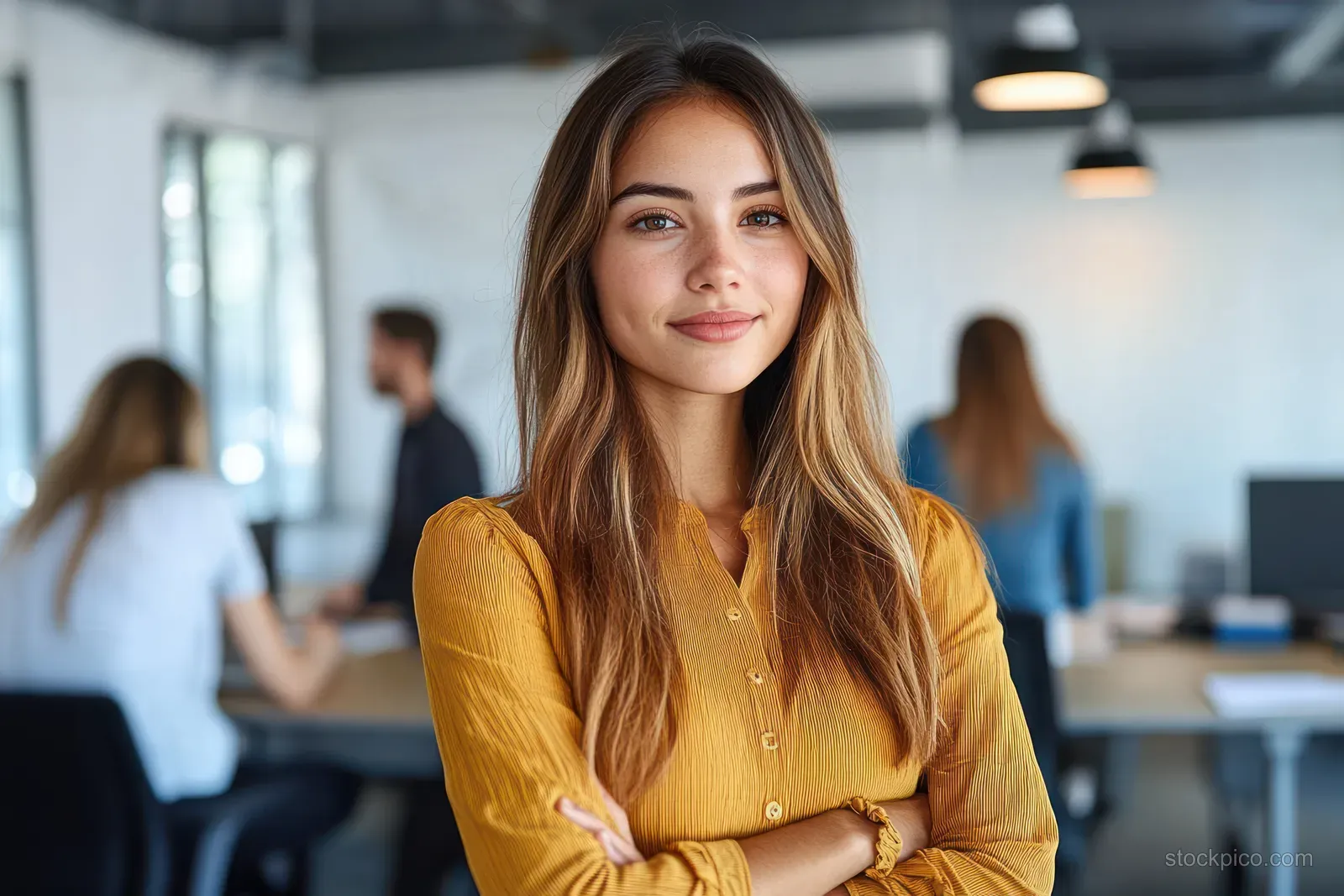 Woman in a yellow blouse stands with arms crossed in a modern coworking office with blurred colleagues behind her.