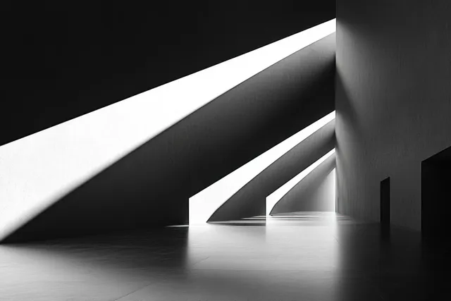 Minimalist architectural corridor with geometric shadows and glowing linear light