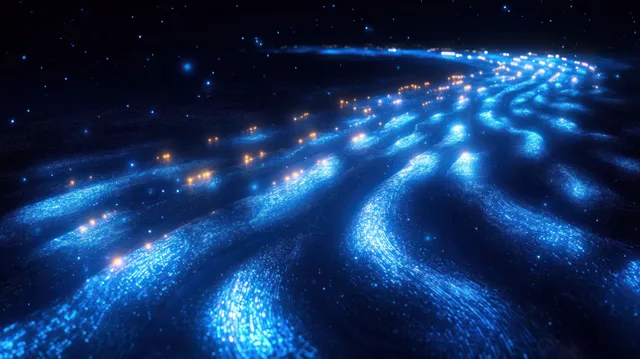 Futuristic data highway curves through neon cyberpunk city with glowing blue light trails