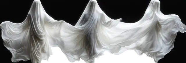 Three ghostly figures in flowing white translucent fabric hold out their arms against a black background.