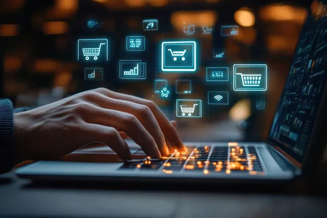 A hand hovers over a laptop while neon holographic shopping and payment icons float in a cyberpunk interface.