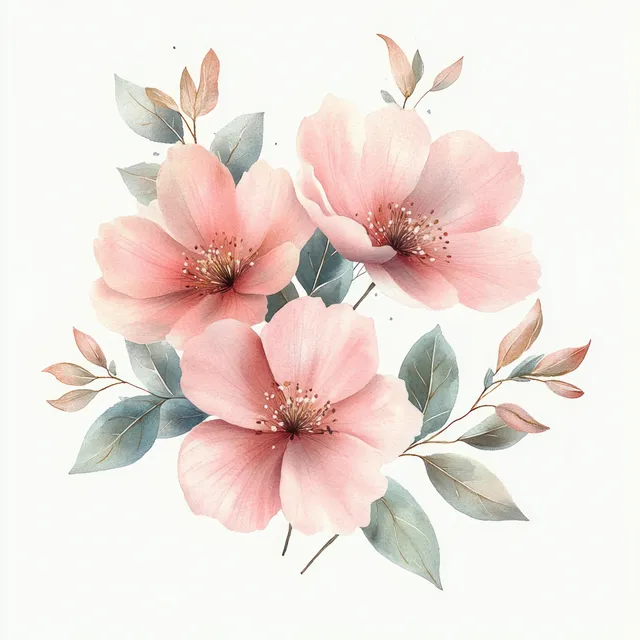 Watercolor pink blossom bouquet with green leaves on airy cream greeting card backdrop