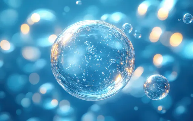 Transparent bubbles shimmer in blue light with smaller spheres and floating particles behind them.