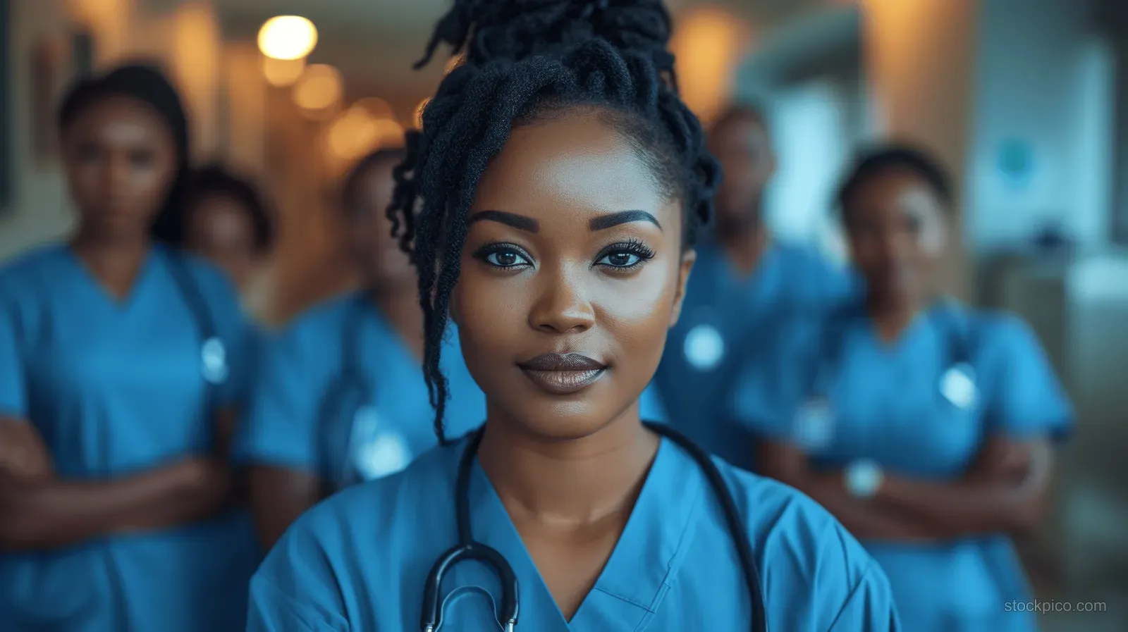 Young Black female nurse in blue scrubs with a stethoscope, with blurred medical staff in a hospital ward behind her.