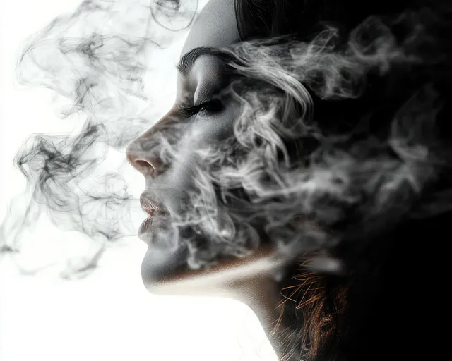 Side profile of a serene woman with swirling smoke drifting across her face in a moody dark scene.