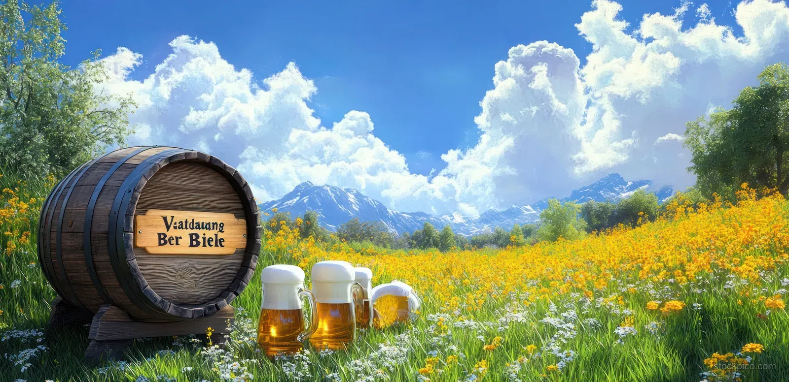 Wooden beer barrel and two beer mugs in a yellow flower meadow under a blue sky.