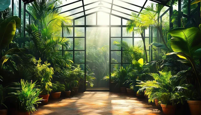 A sunlit tropical greenhouse aisle lined with potted palms and flowers under misty glass windows.