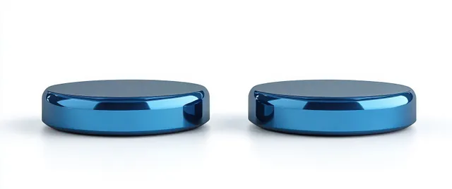 Two shiny blue metallic circular discs resting side by side on white background