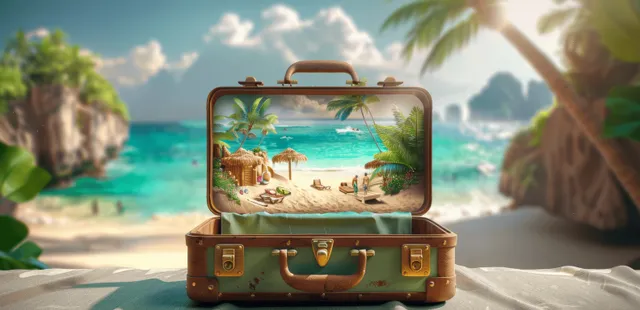 Open vintage suitcase sits in a tropical beach setting while a beach image shows inside the case.