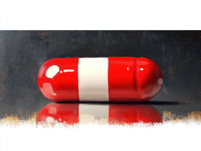 A red and white glossy capsule pill rests on a reflective surface against a dark textured background.