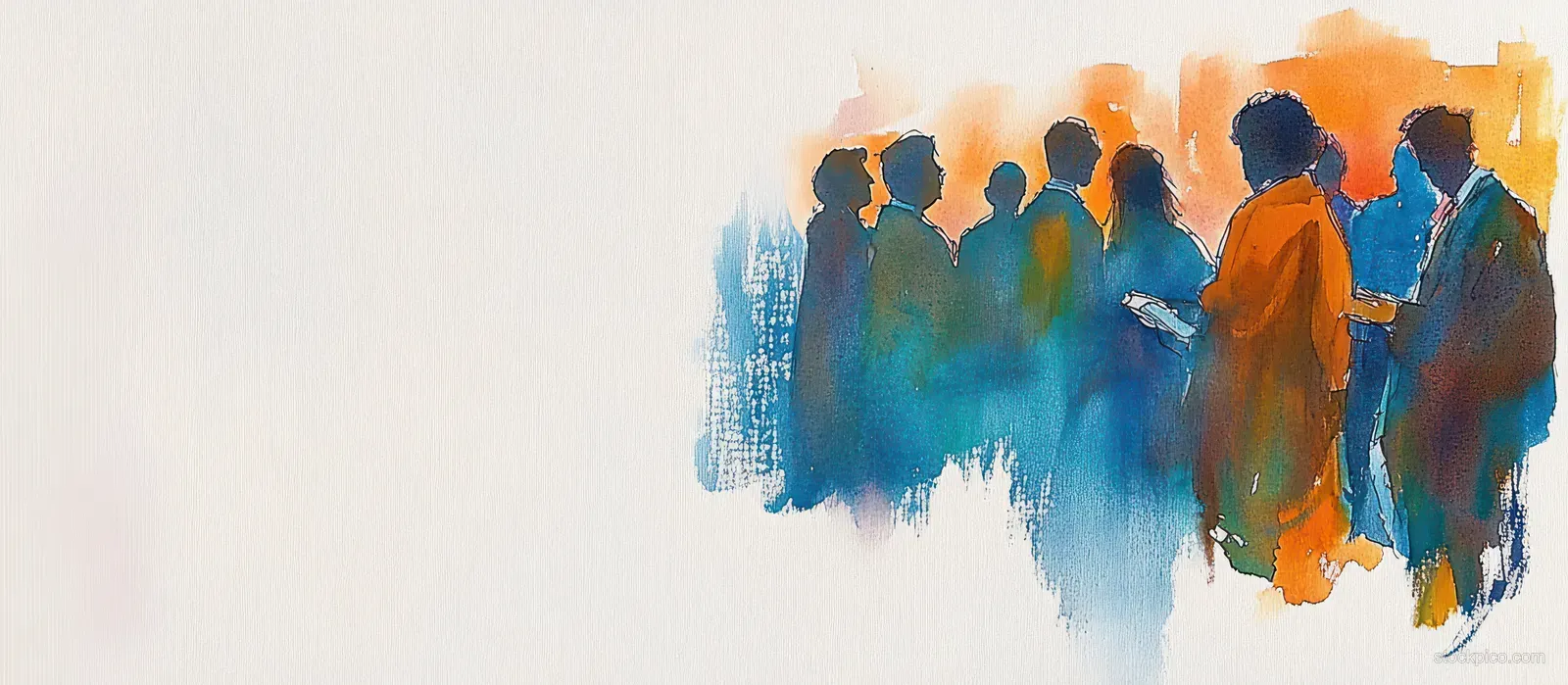 Watercolor abstract silhouettes of diverse people standing together with blended blue and orange paint textures.