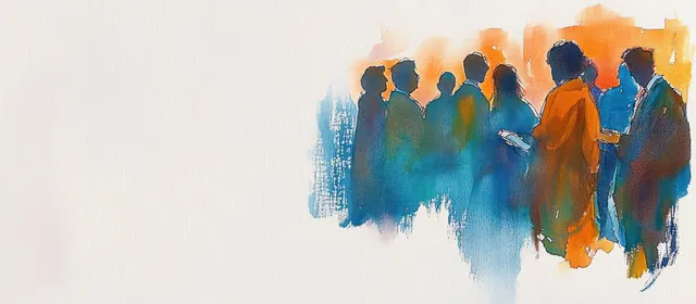 Watercolor abstract silhouettes of diverse people standing together, blending blue and orange