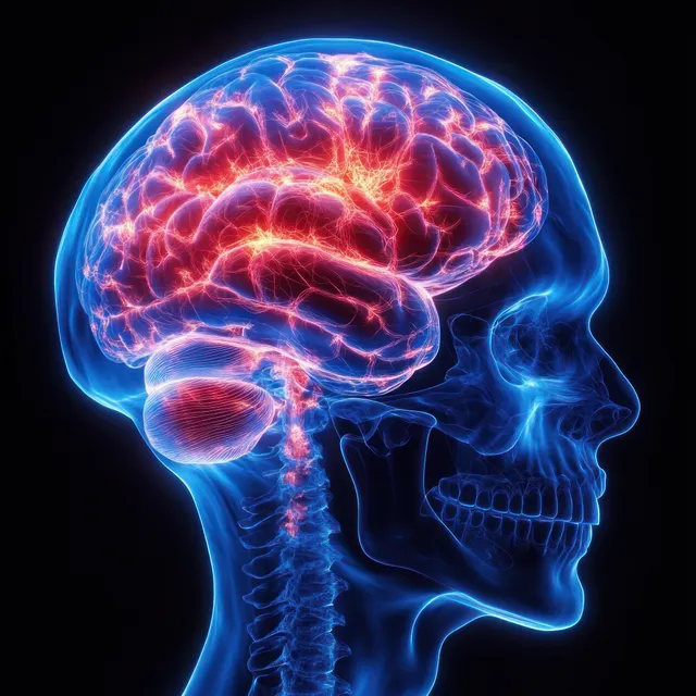 Side view of a glowing brain inside a translucent skull with illuminated neural pathways and a visible spinal column on black.