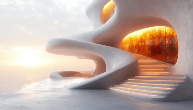 Abstract minimal interior scene with smooth flowing ramps, glowing orange alcoves, soft daylight