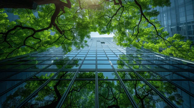 Wide-angle view of a glass office tower framed by green tree branches and bright daylight.