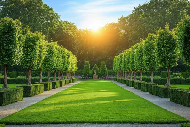 A serene garden pathway lined with topiary trees glows in warm sunset light, creating a peaceful landscape.