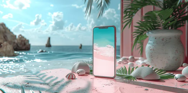 Smartphone mockup on beach towel with sunglasses, suitcase, and vacation items