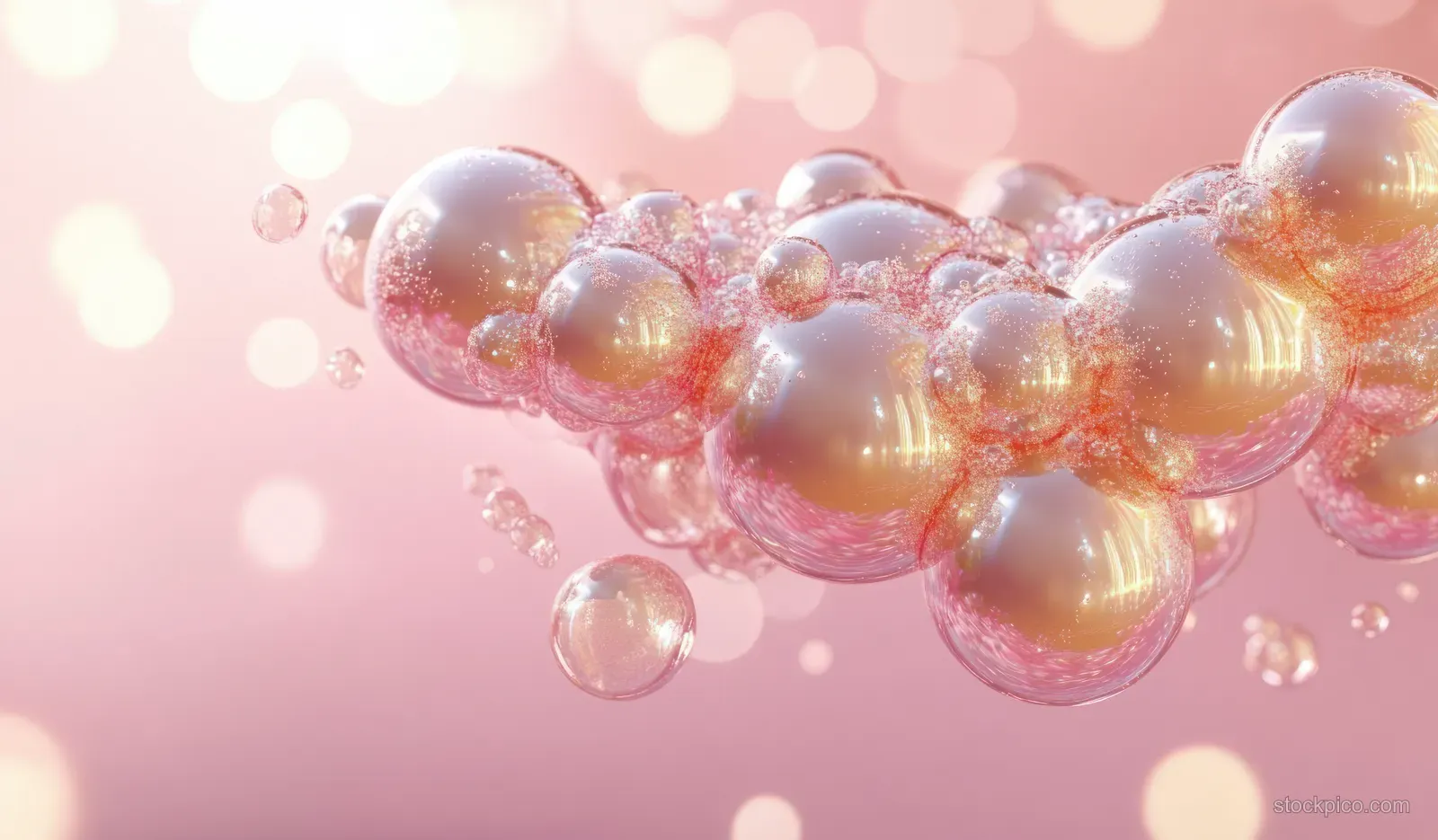 Glossy gel-like bubbles float against a pink background with soft circular light reflections.