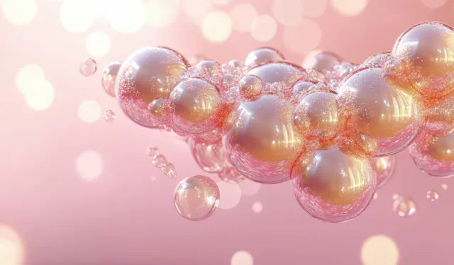 Gel-like bubbles floating in pink skincare atmosphere with soft light reflections