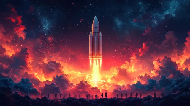 A glowing rocket launches over a crowd of silhouetted business figures beneath fiery clouds.