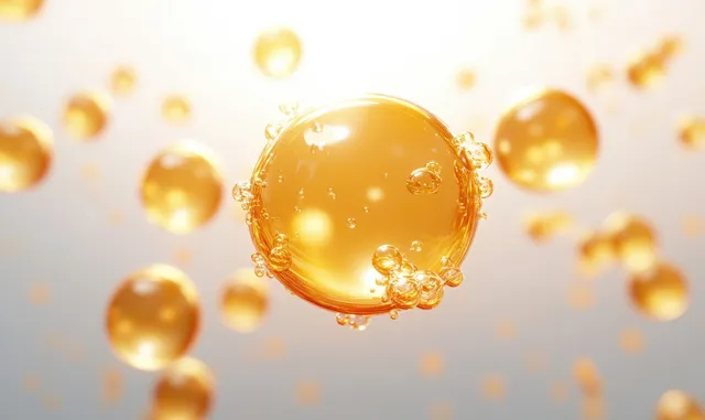 Translucent golden bubbles float against a soft minimalist background with gentle diffused light.