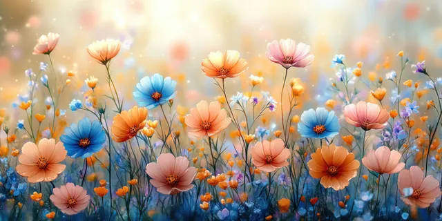 Pastel watercolor wildflowers in a bouquet border stand out against a soft bokeh meadow background.