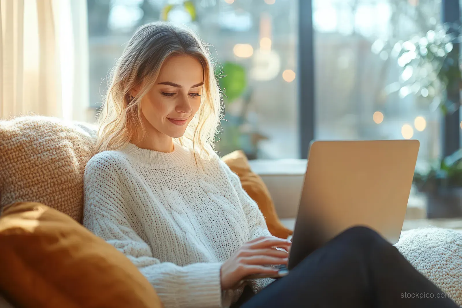 Woman using a laptop while relaxing on a sofa in a bright living room by large windows.