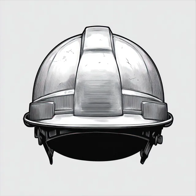 Front view of a weathered metallic safety helmet illustration with visible scratches and a light gray background.