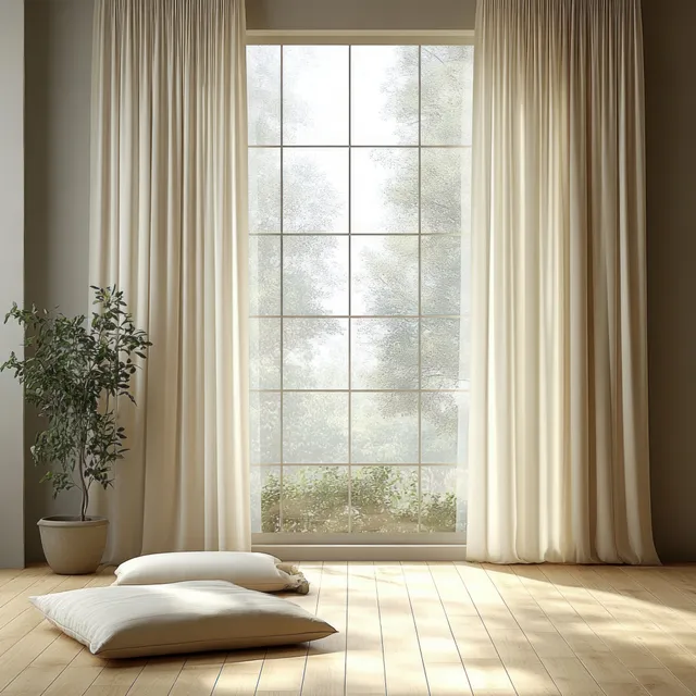 Sheer curtains frame a bright window while pillows rest on a light wooden floor in a minimal interior room.