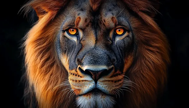 Close-up lion portrait with amber eyes and textured mane against dark shadowed background