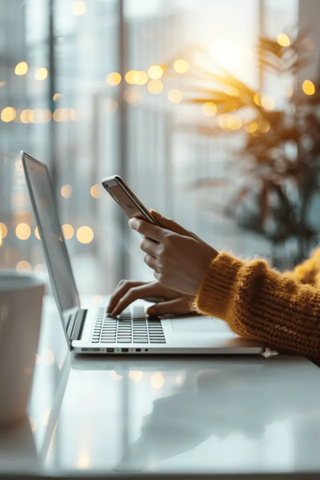 Woman typing on laptop while holding smartphone in office desk networking scene