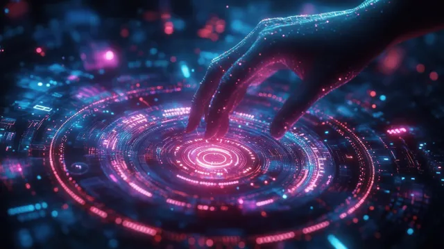A digital hand touches a glowing circular holographic interface with blue and pink neon rings in a dark scene.