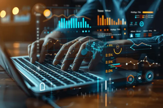 A business analyst uses a laptop and tablet while a virtual analytics dashboard with charts and market growth indicators glows on screen.
