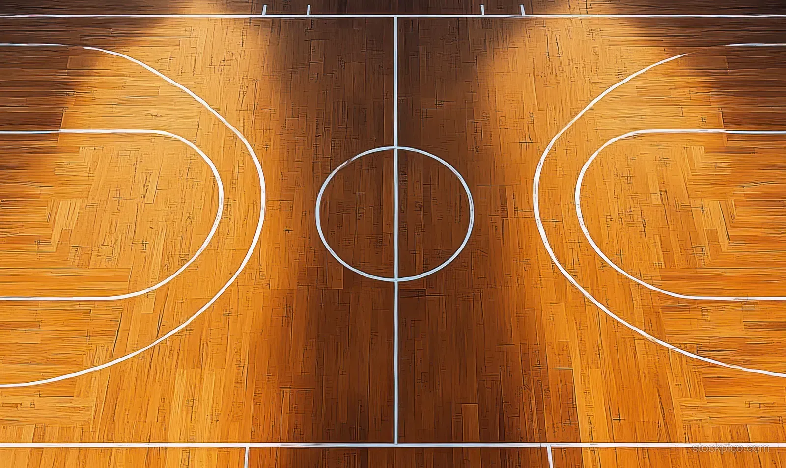 Overhead view of a wooden basketball court illustration with parquet texture and a centered circle marking.