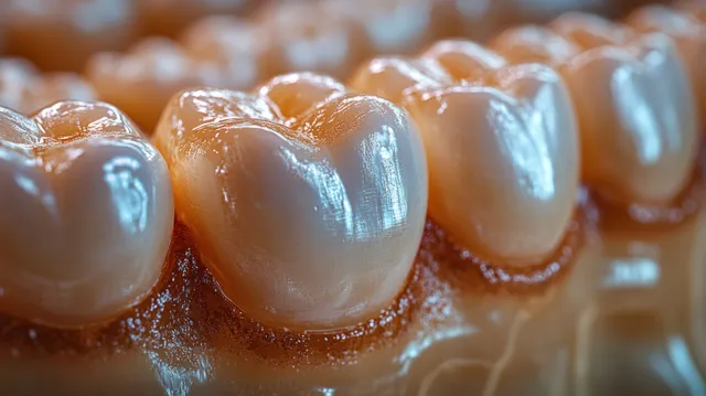 3D dental crown placement above tooth with glossy enamel and detailed ceramic surfaces