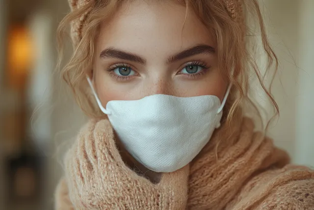 European woman smiling while lifting a rejuvenating white face mask closeup