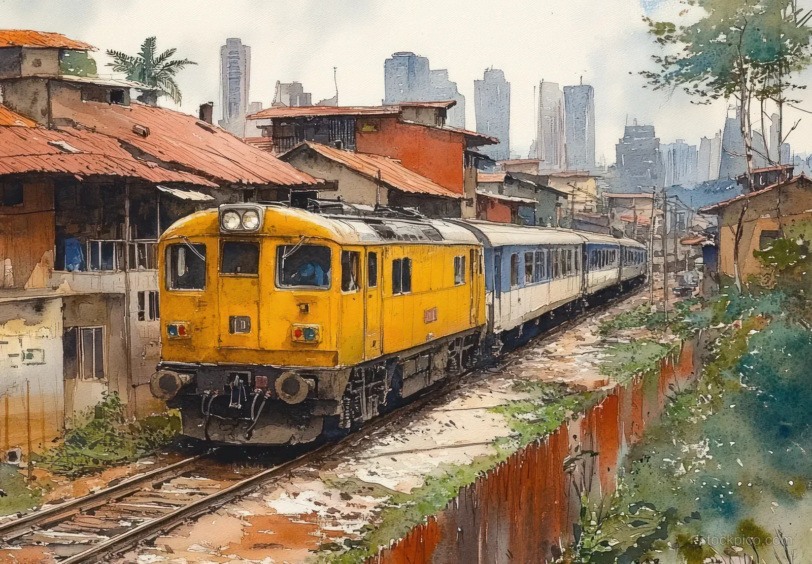 A yellow train moves along railway tracks beside red-roof houses in a watercolor city street scene.