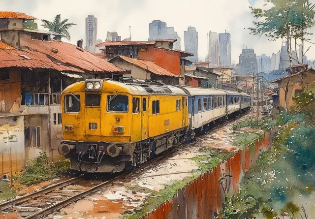 A yellow train moves along railway tracks beside red-roof houses in a watercolor city street scene.